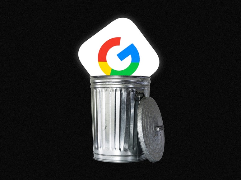 Ícono de la app de Google en un bote de basura