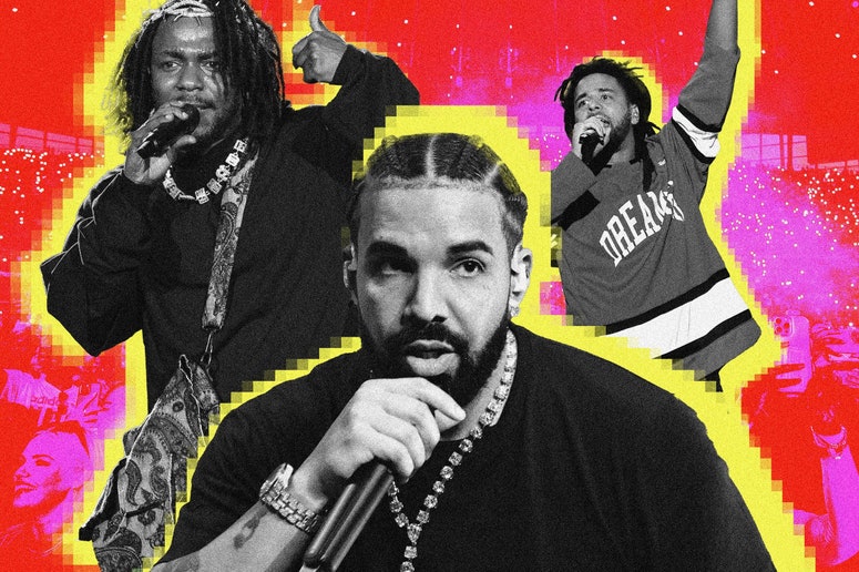 drake y otros raperos sobre un fondo pixelado