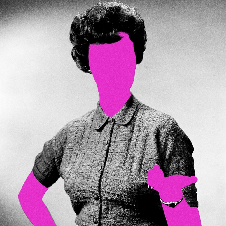 Ilustración de mujer en blanco y negro, con silueta en rosa.