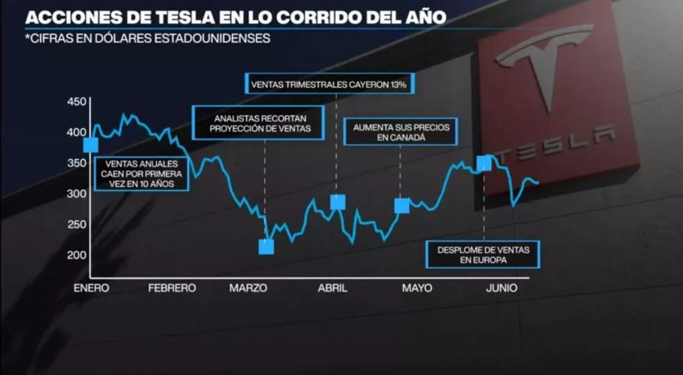 Comportamiento de las acciones de Tesla en la Bolsa de Nueva York en lo corrido del 2025